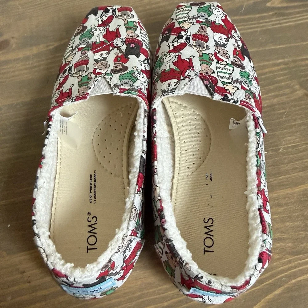 Toms Womens 7.5 Belmont Glacier Holiday Sweater Dogs Slip Ons Flats Fleece Lined